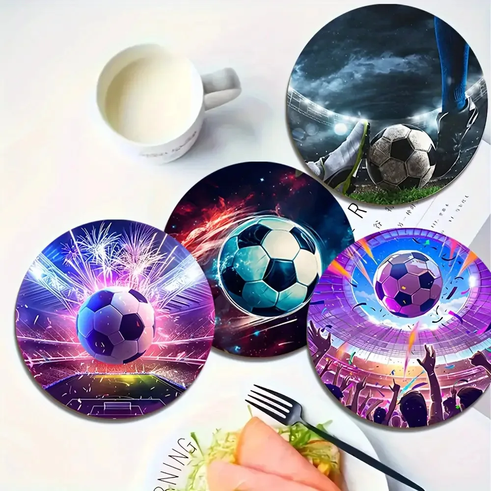 6PCS 2D Innovative Soccer Motif Wooden Cup Mat Featherweight Skid-Resistant Surface Guard Dining Pub Cafe Workplace Ornament Fun