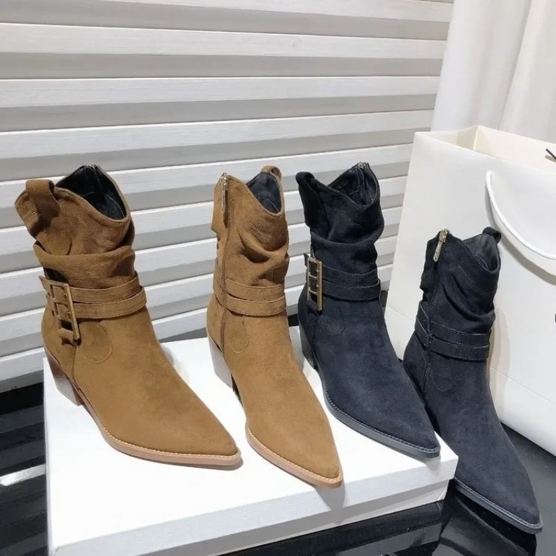Pointed Toe High Heel Booties Women Fall Winter New Western Boots Block Heel Side Zipper Belt Buckle Fashion Boots view 2