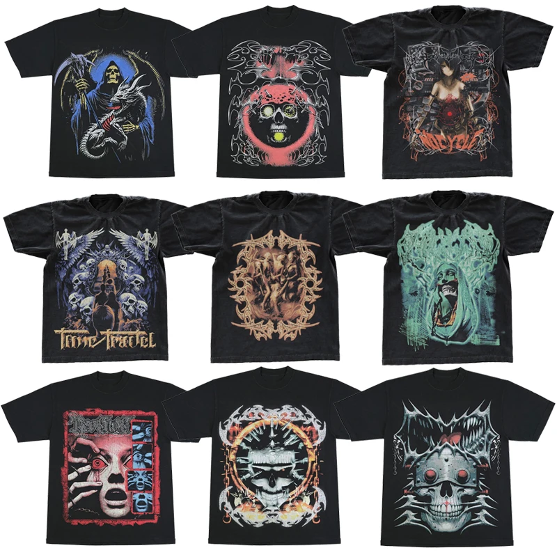 

Gothic Streetwear T Shirts Men Harajuku Retro Print Pattern Oversized Tshirt Y2K Punk Skull Demon Graphic Short Sleeved Tops