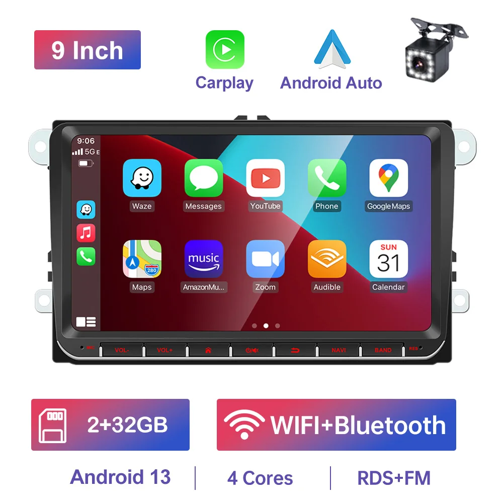 GEARELEC 9" Autoradio voor VW Golf Passat B6 B7 Skoda's Octavia Polo Tiguan 2 Din draadloos Android 13 CarPlay Android RDS Auto DSP BT 4G GPS Auto Multimediaspeler voor Volkswagen