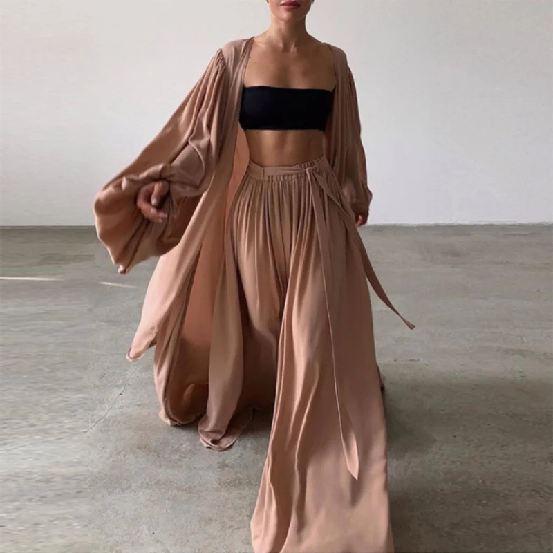 Home Furnishing Fashion Wide Leg Pants Spring Summer American Women's Clothing Sexy Outerwear Lantern Sleeves 3-piece Set