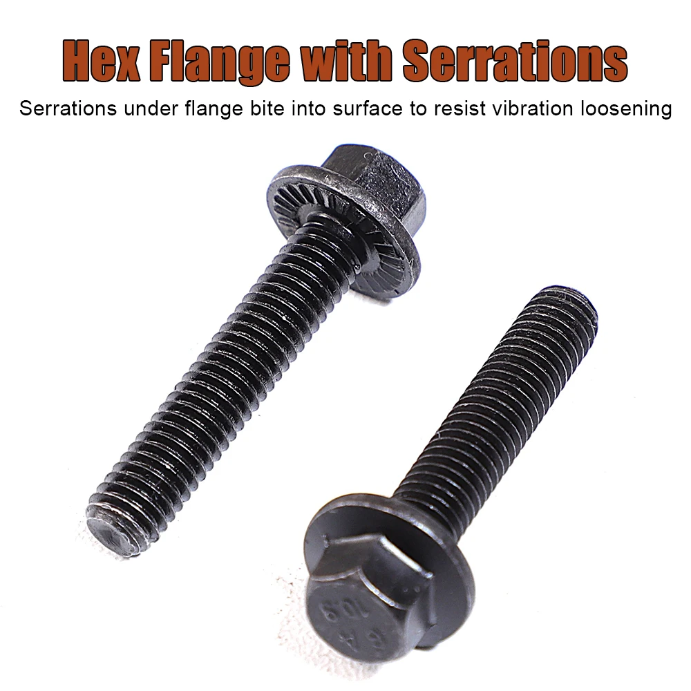 Black Hexagon Flange Bolts 10.9 Grade Carbon Steel M6 M8 M10 M12 M14 M16 Hex Serrated Flange Head Bolts for Motocycle Car Bolts