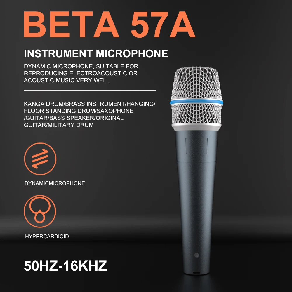 BETA 57A Snare And Tom Microphone Super cardioid Swivel-Mount Dynamic Drum Mic for Close Miking Equipped With Shock Mount