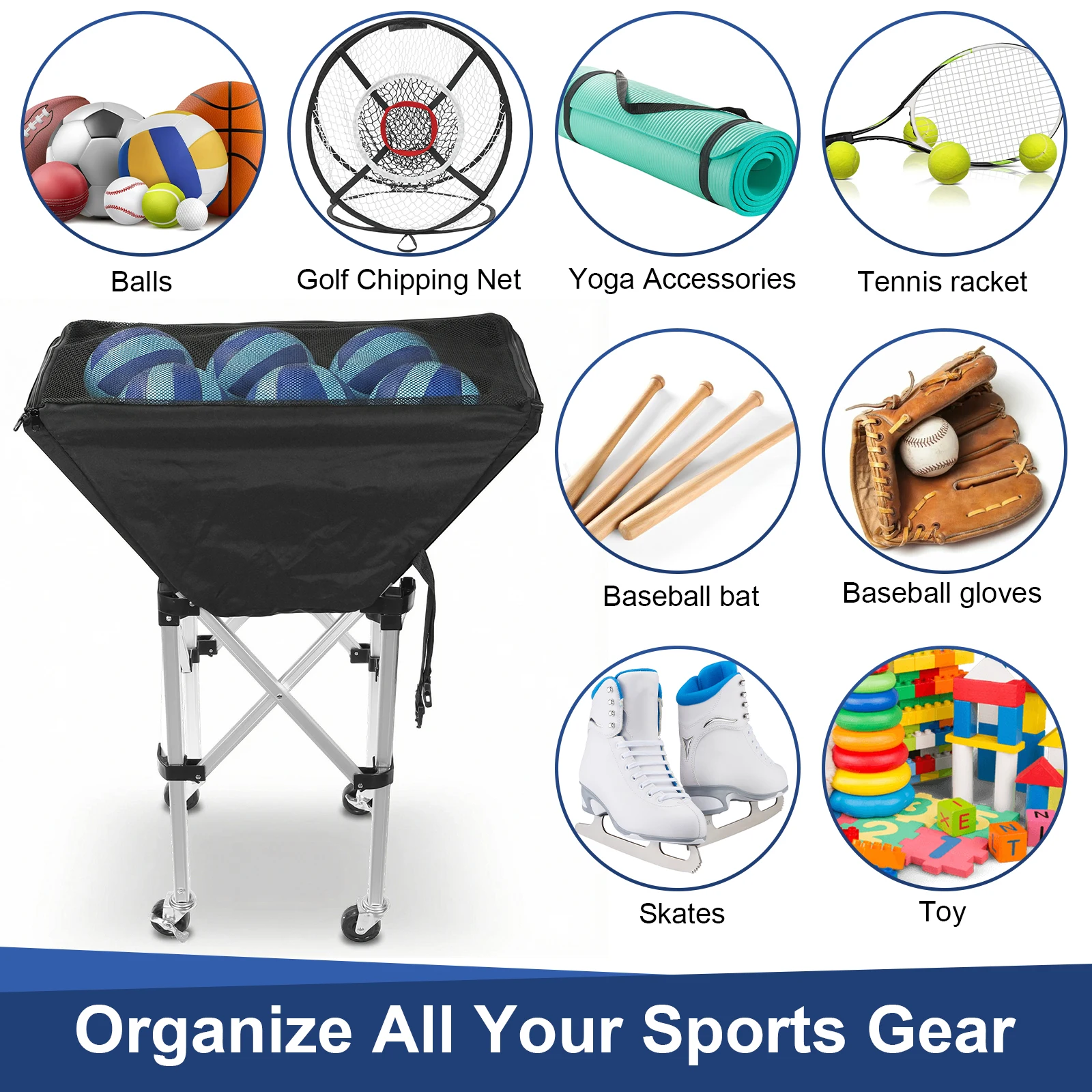 

Складная тележка для баскетбольных мячей с колесами, большая вместимость, для гаража или спортзала