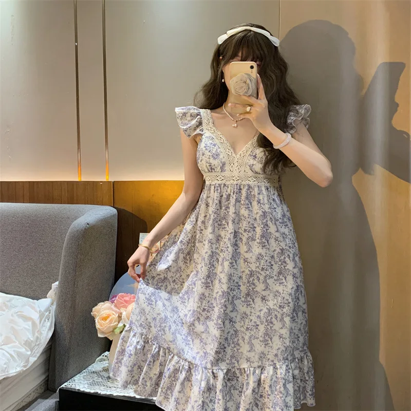 Floral Women Nightgowns Korean Sleepwear with Pad One Piece Pajama Vintage Ruffles Nightdress Lace Nightwear Housewear Homedress