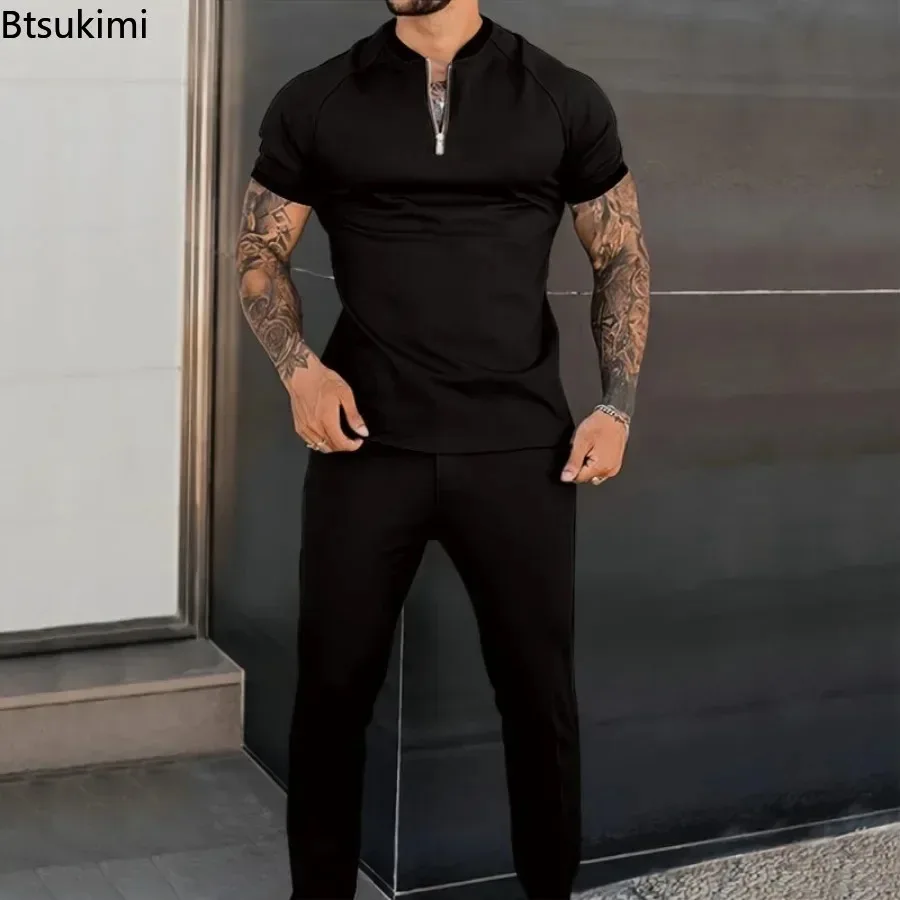 Traje deportivo de tendencia 2025 para hombre, nuevo jersey de manga corta con medio cremallera y cuello levantado + Pantalones, conjuntos
