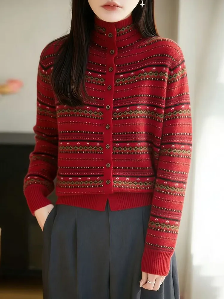 

Красный вязаный кардиган с узором «Цисас», женский винтажный теплый верхний одеколон, праздничный, для новогодней атмосферы, модный