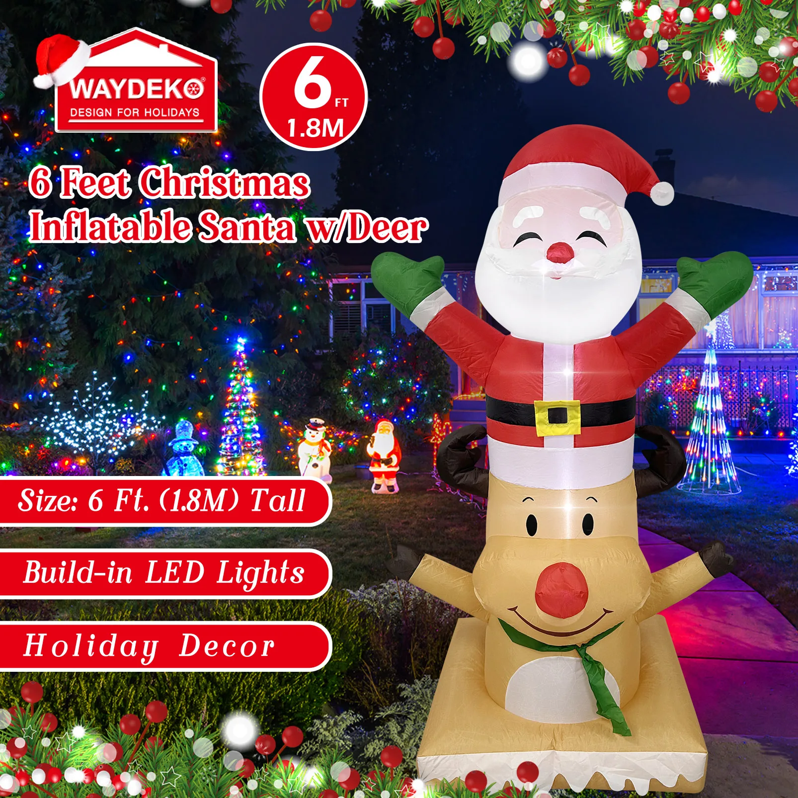 Papá Noel inflable de Navidad con ciervo iluminado, decoración de chimenea de césped para patio al aire libre para el hogar, jardín, fiesta navideña, 6 pies/1,8 M