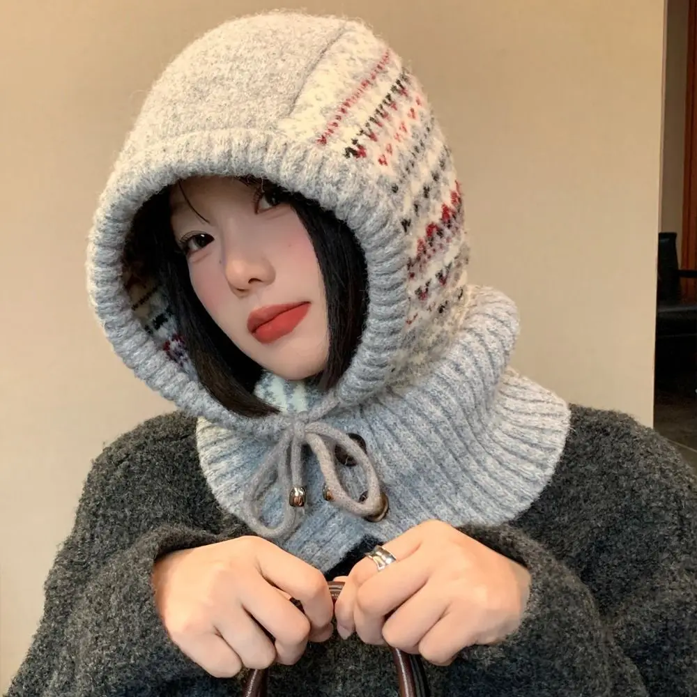 Warm Pullover Hat Jacquard Balaclava Hat Red Beanie Ear Protection Hat Printed Thickened Winter Cap Streetwear