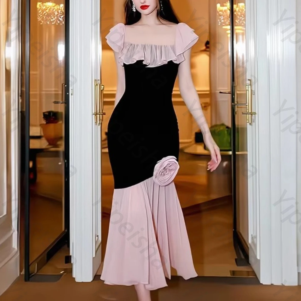 

Sexy Square Collar 3D Flower Evening Dresses Elegant Celebrity Dress Exquisite High Quality Prom Party Gown for Women Customized