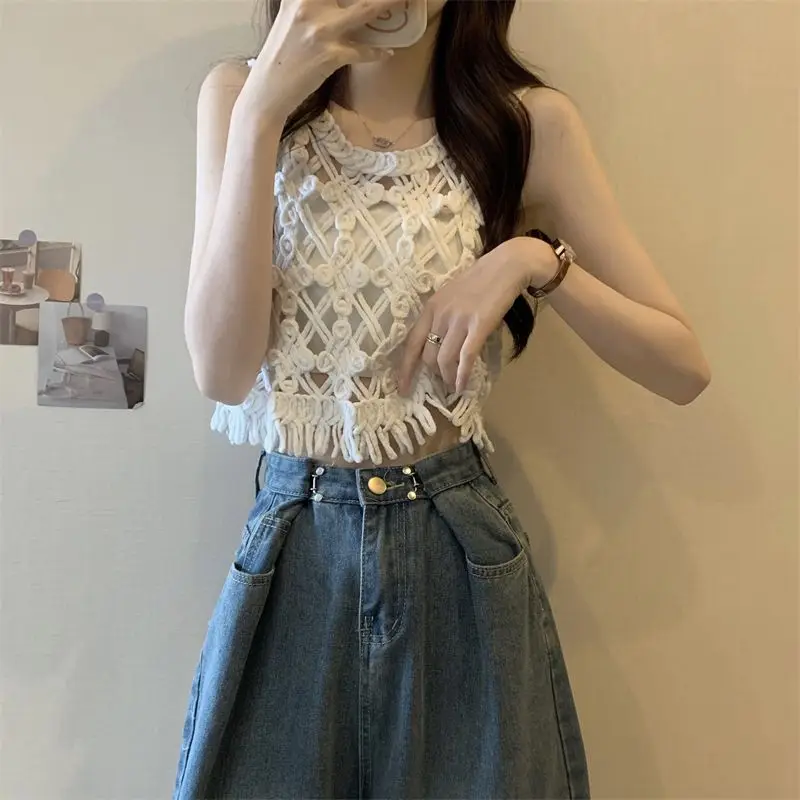 Hook Flower Hollow Out Knitted Camisole Women Summer New Embroidery Solid Sleeveless Vest Korean Style Chic Tassel Crop Tops