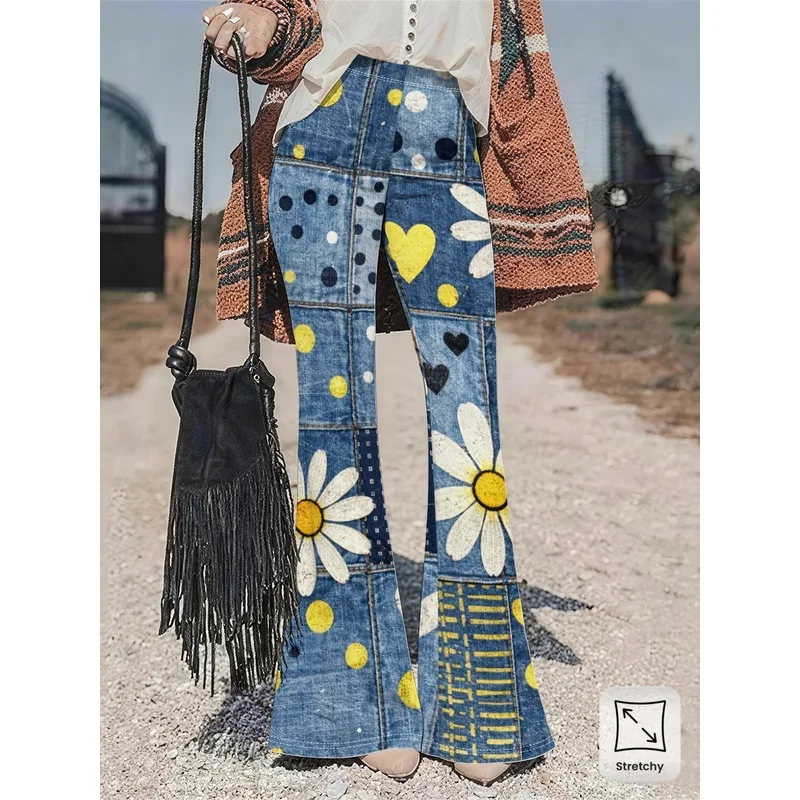 The printed flared pants that imitate jeans are suitable for daily wear by teenagers aged 7 to 16.