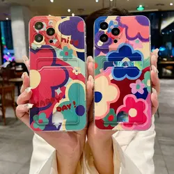 Graffiti Oil Flowers Card Holder Phone Case For iPhone 16E 16 15 14 13 12 Mini 11 Pro XS Max X SE2 SE2022 16 15 Plus Soft Cover