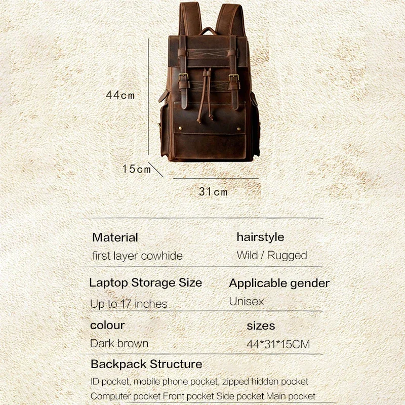 Мужской кожаный винтажный рюкзак, дорожная школьная сумка, 17-дюймовый ноутбук для хранения, кожаные мужские сумки Crazy Horse, роскошный дизайн, деловые сумки