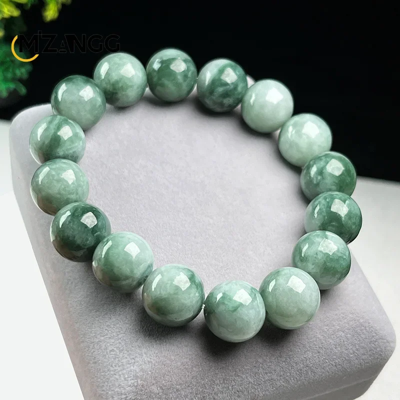 Natural Myanmar Floating Green Flower Jadeite Round Beads String High-grade Fashion Men's and Women's Bracelet Jewelry Gift