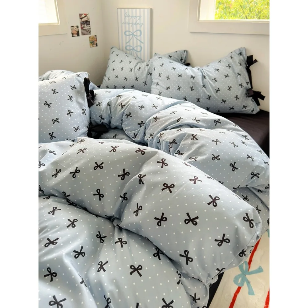 Bow Polka Dots Duvet Cover 4pcs Bedding Set Reversible Print Quilt Cover Polyester Comforter Cover 1 Flat Sheet 2 Pillowcases