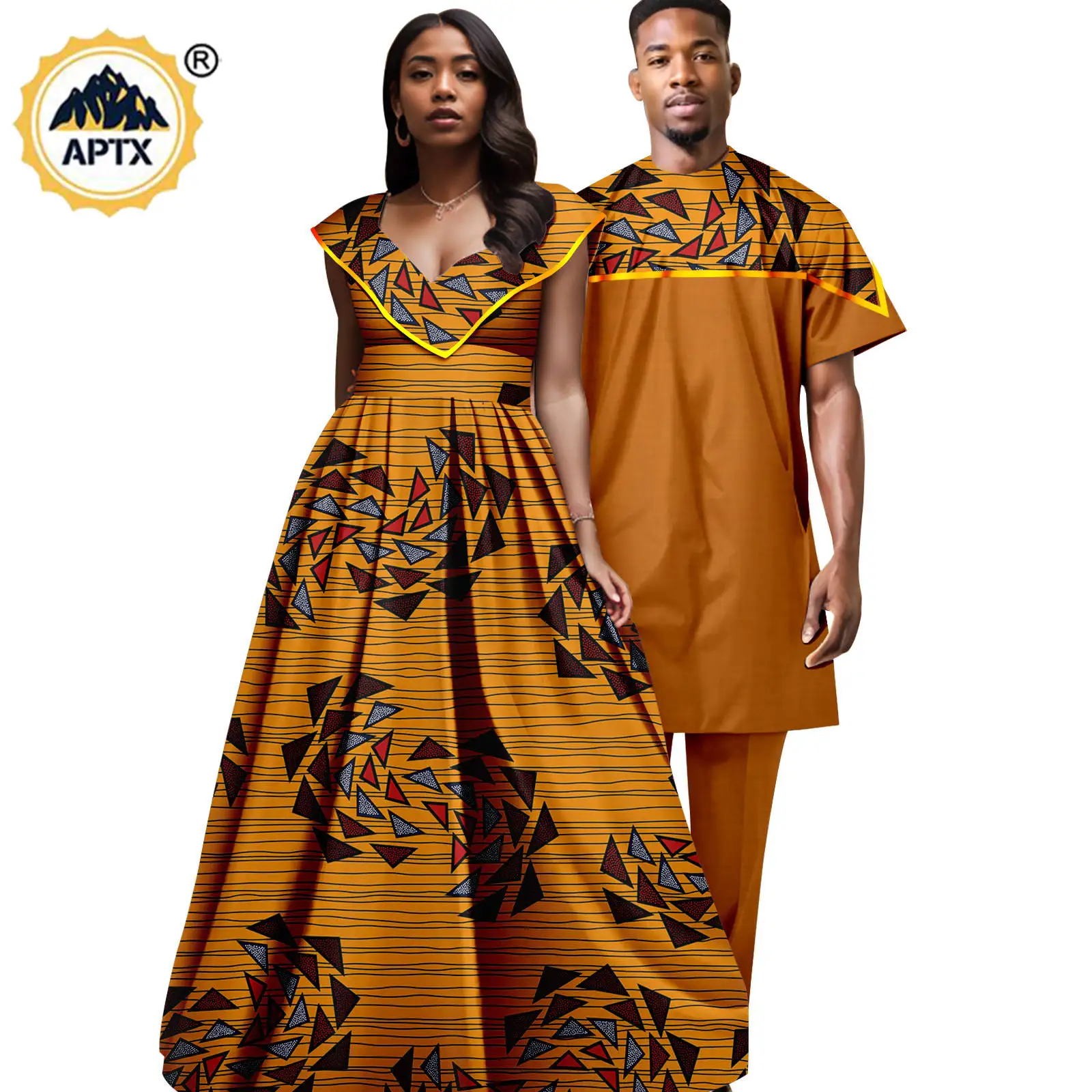 African Ankara Print Long Dresses for Women Matching Couple Outfits Bazin Riche Men Top and Pant Sets Party Wedding Wear Y23C108