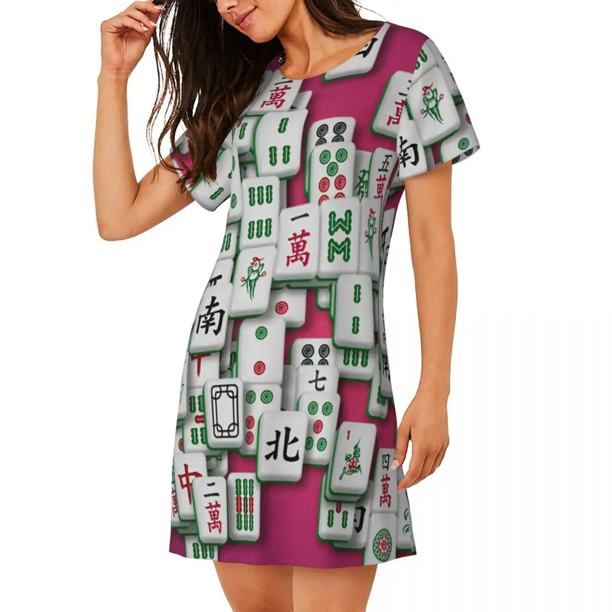 Custom Mahjong Tile Pattern Short Sleeves Nightdress For Sleeping Sleepshirts Women Short Sleeve Nightgowns Loose Pajama Dress