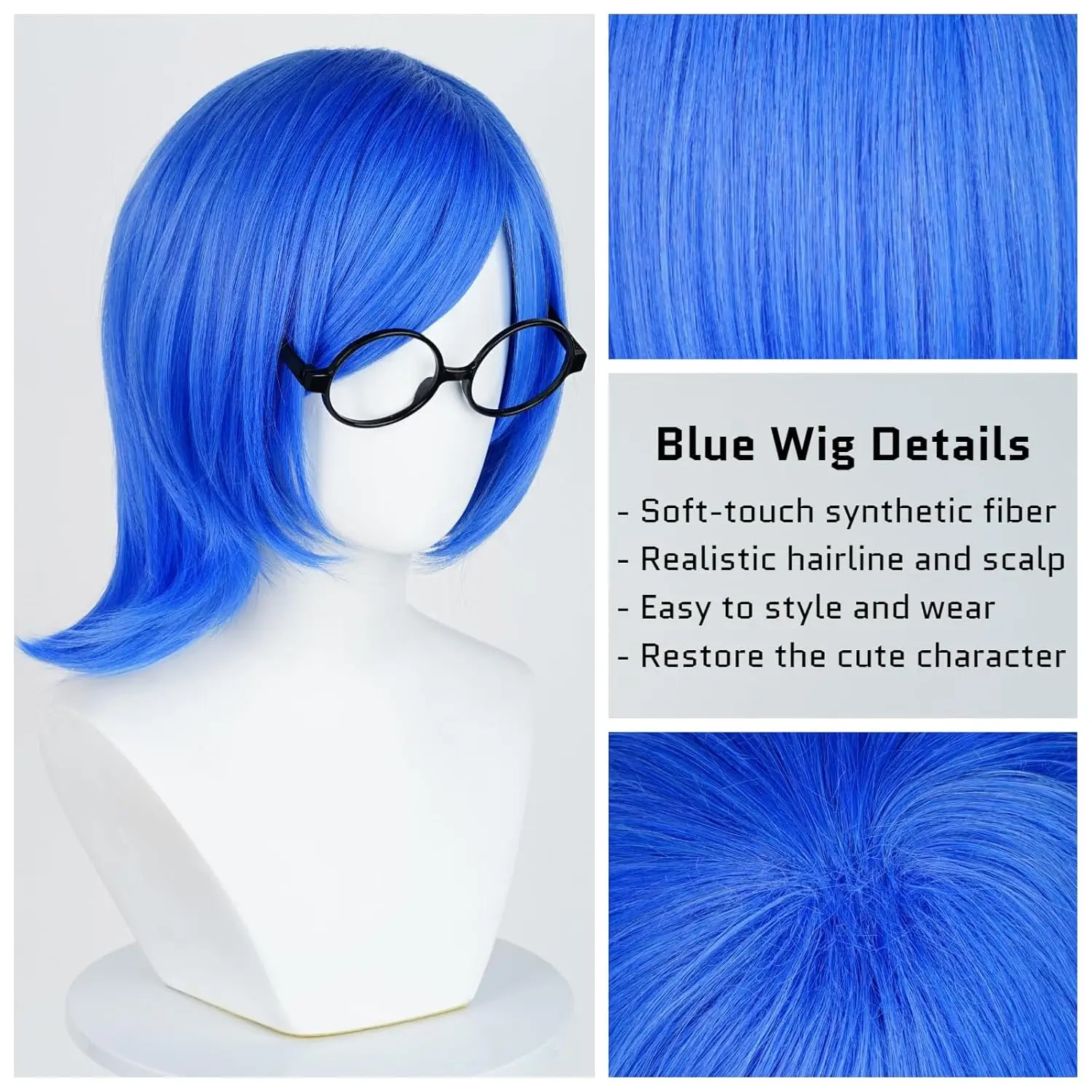 Wig Bob Biru Pendek Topi Wig Kacamata Hitam Wig Kostum Cosplay Emosi Anime Biru dengan Poni Bagian Samping Rambut Sintetis