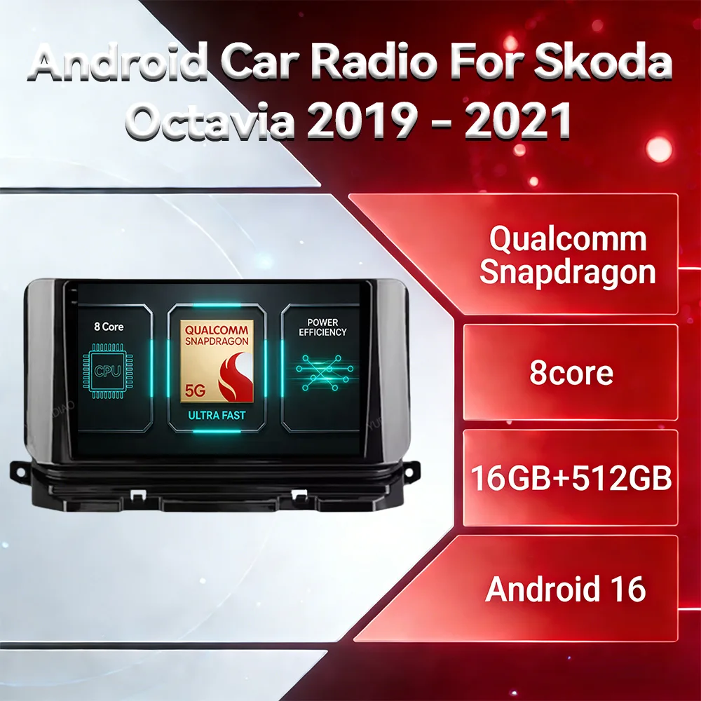 Android 16 Car Radio For Skoda Octavia 4 A8 2019 - 2021 Head Unit 4G WIFI Multimedia Stereo Video Player GPS NAVI 2DIN QLED BT