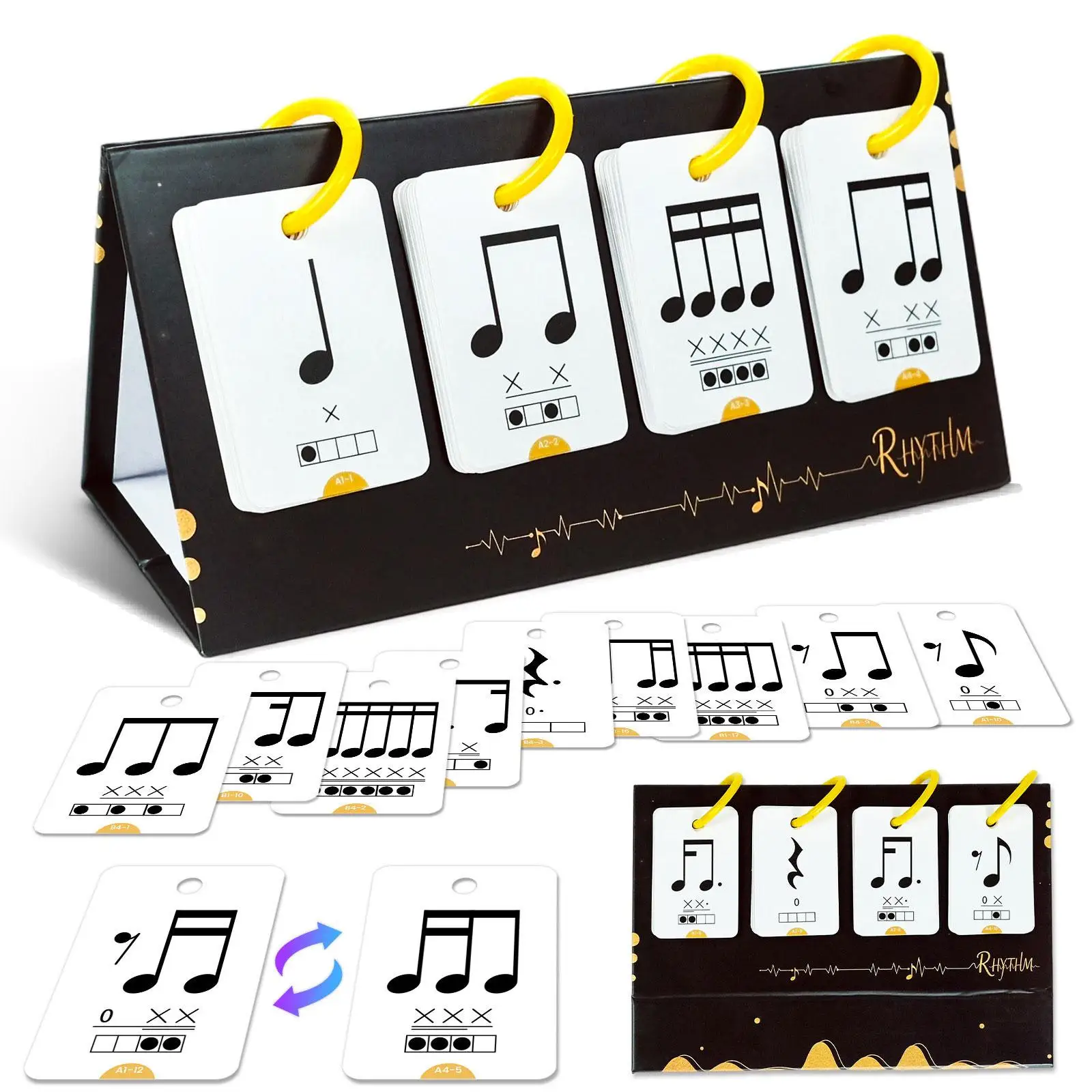 Visuele muziek-flashcards, notenkaarten, muziektheorie-ritmecards, ritmo-oefenkaarten voor gitaarschools