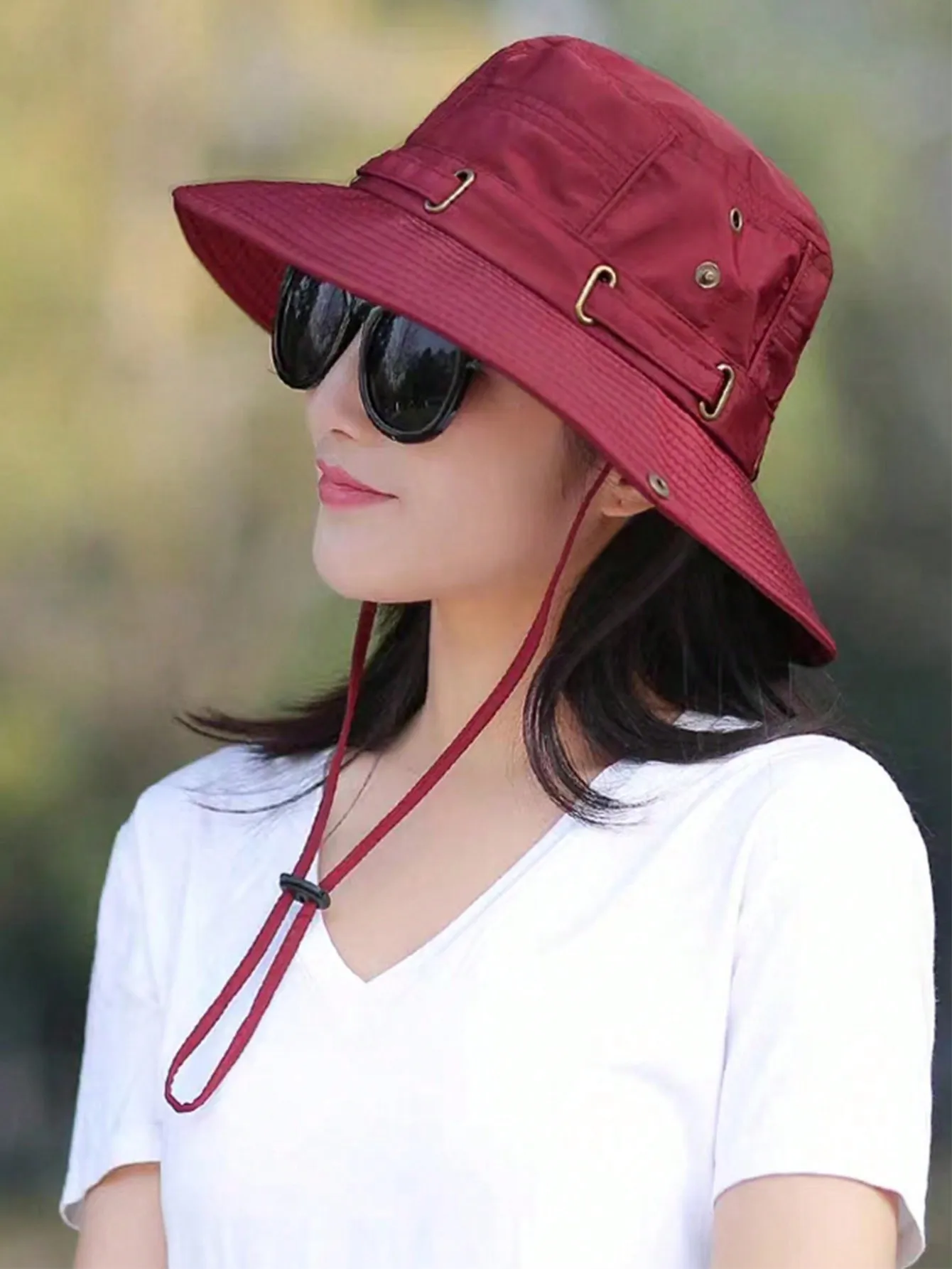 Women Wide Brim Bucket Hat With Wind Lanyard Outdoor Hiking Sun Hat Breathable Adjustable Fisherman Cap For Travel Beach