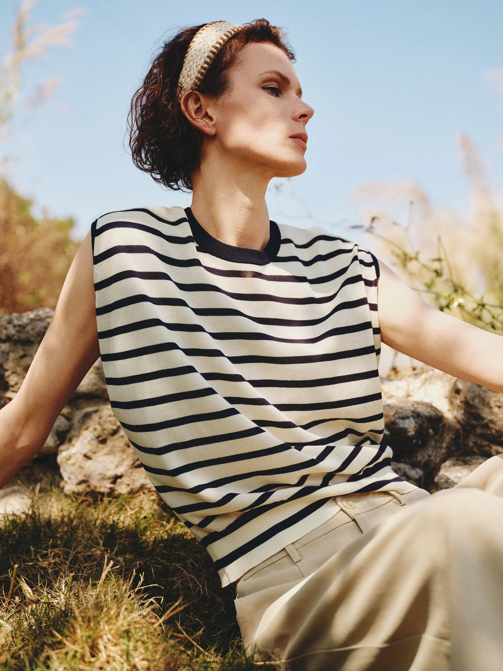

Casual Cotton Viscose Blend Stripe Collision Sleeveless round Neck Spring Summer Sea Soul Shirt Soft Loose Fit Comfortable Kn...