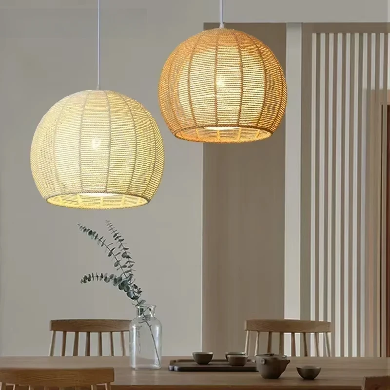 SANDYHA Retro Hemp Rope Chandeliers for Living Room Decoration Handmade Rattan LED Lamp Bedroom Dining Table Lighting Fixture