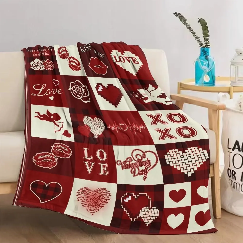 Happy Valentines Day Decorative Throw Blanket Wedding Anniversary Red Plaid Love Heart Kisses Hugs Blanket