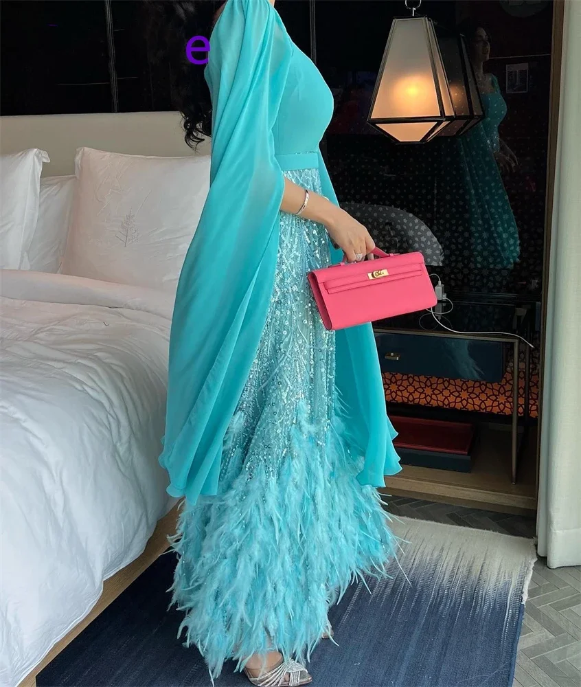 

Peacock Blue Women Evening Dresses Handmade Sequine Feathers Dubai Arab Formal Party Prom Dress With Cape Sleeve فساتين الحفلات