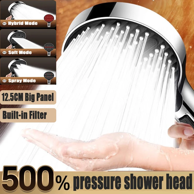 

125MM Big Panel Massage Spa Pressurized Shower Head With Filter 3 Modes High Pressure Large Flow Rainfall Bathroom Showerhead