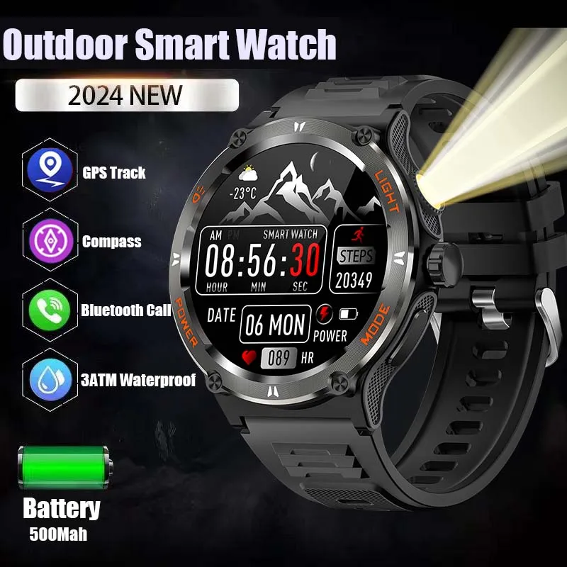 

For Huawei Xiaomi 2024 New AMOLED Outdoor Men Smartwatch Bluetooth Call GPS Track 500Mah 3ATM Waterproof LED Lighting Smartwatch