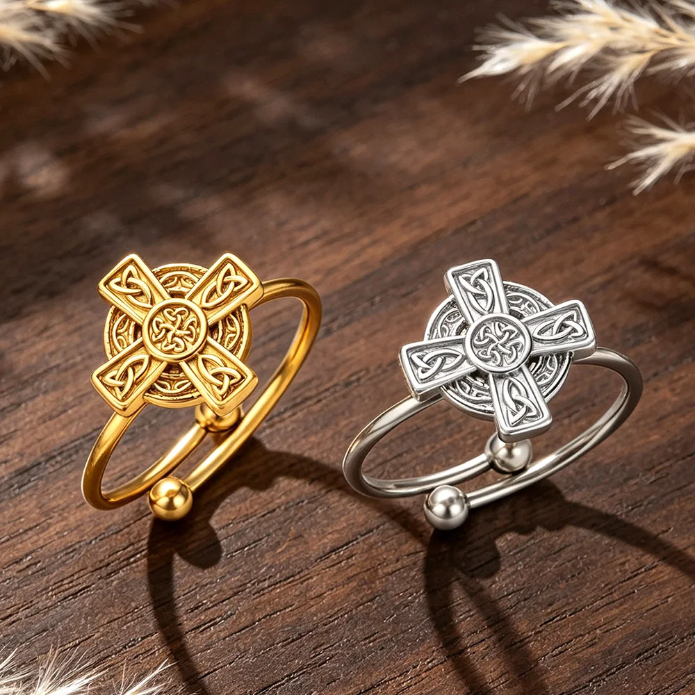 Celtics Knot Cross Ring for Men Women Stainless Steel Adjustable Rings Triquetra Trinity Knot Protection Amulet Irish Jewelry