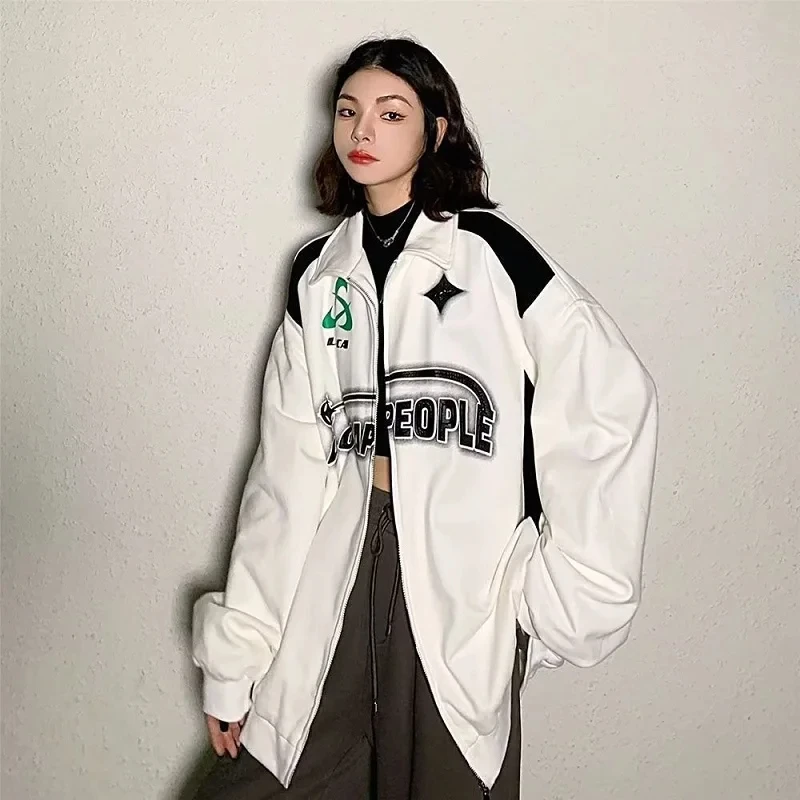 Y2k Fashion Harajuku Vintage Oversized Women Sweatshirts Grunge Korean Streetwear Black White Zip Up Hoodies Female Hip Hop Tops