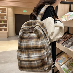 Vintage Plaid Woollen Cloth Women's Backpack Student Book Backpacks for Teenage Girls School Bags Large CapacityTravel Rucksack