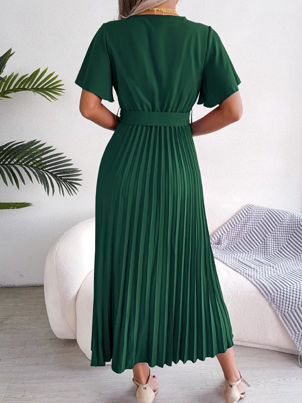Women Summer Casual V Neck Short Sleeve Pleated Chiffon Maxi Dress Black Red Green Clothing view 2