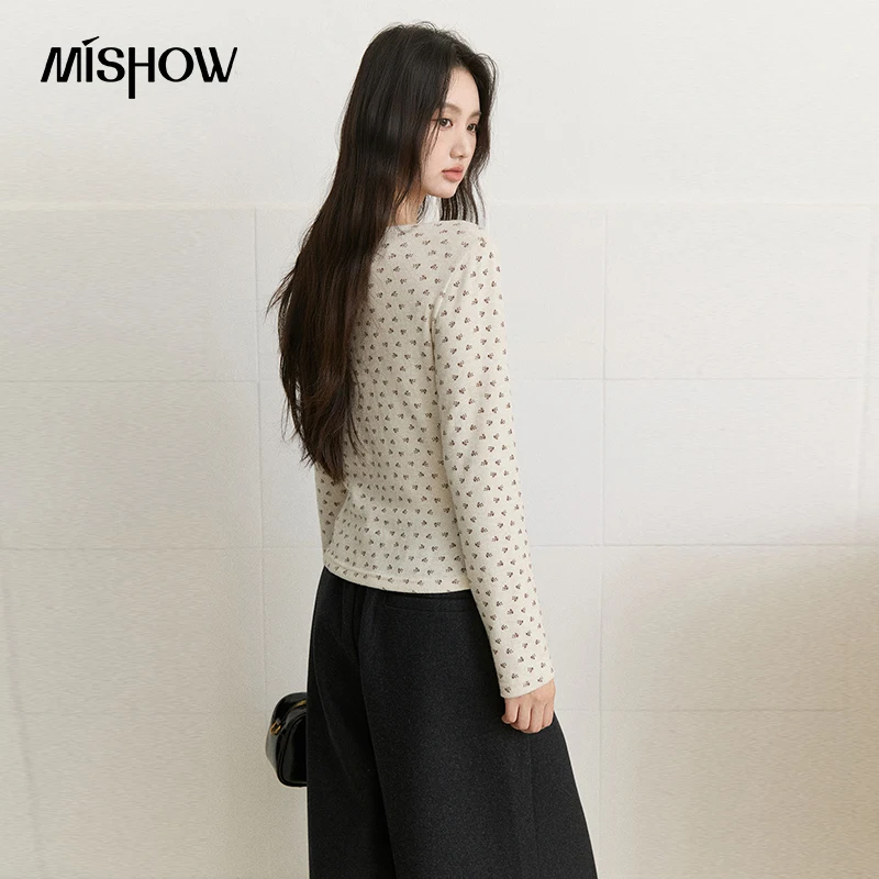 MISHOW Women's Floral Print Lace Splicing Top 2026 Autumn Half Placket Side Ruched Knitted Top Sweet Long Sleeve Tops MXF43T3151