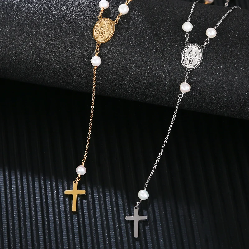 Fashion Jewelry Women\'s Gift High Quality 18k Gold-plated Waterproof Virgin Freshwater Pearl Cross Stainless Steel Long Necklace