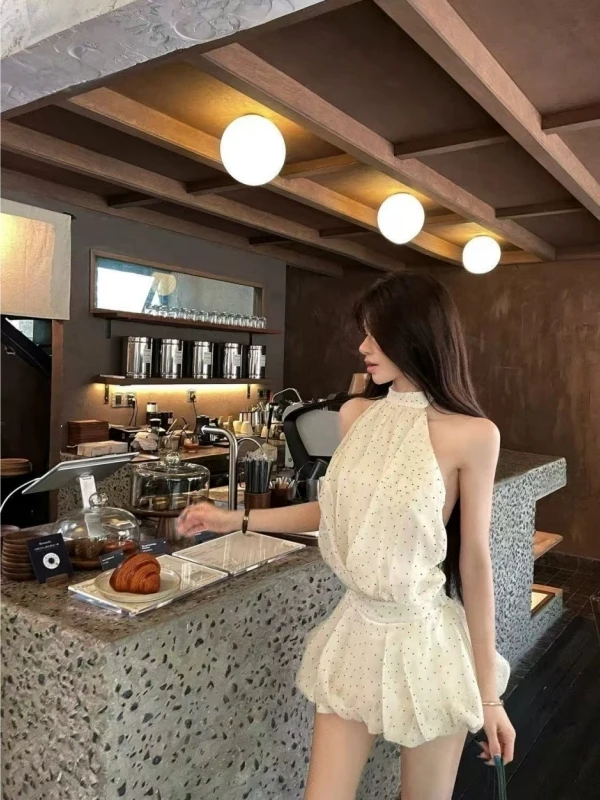 Gentle Breeze White Polka Dot Halter Neck Short Skirt Women Summer Shoulder Bared Bubble Sleeve Double Layer Flounce Loose Dress