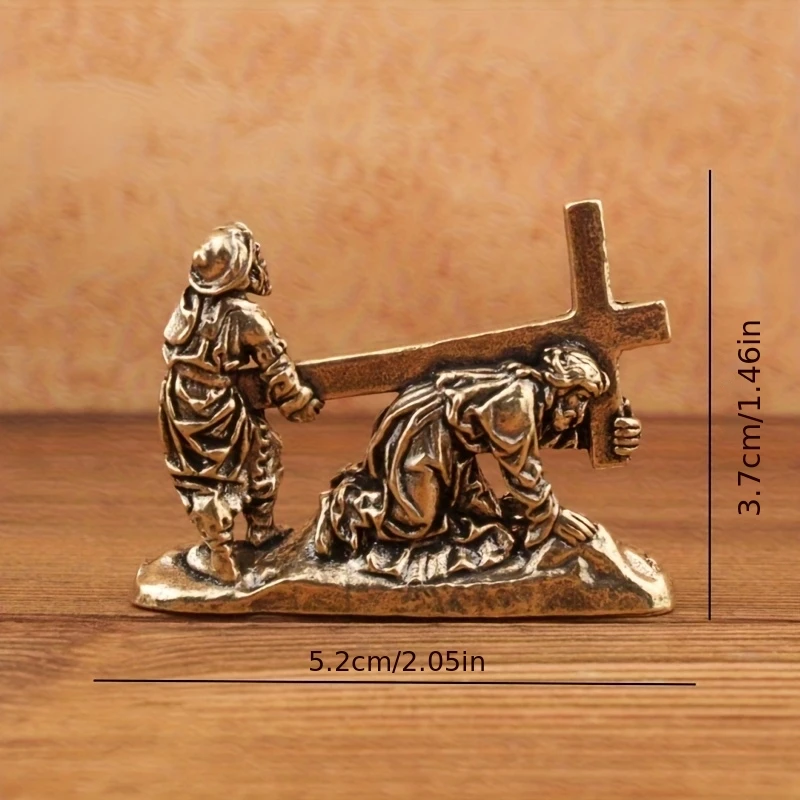 Vintage Brass Christian Jesus Carrying Cross Figurine Religious Desk Decor Mini Statue Symbolic Redemption and Never Give Up