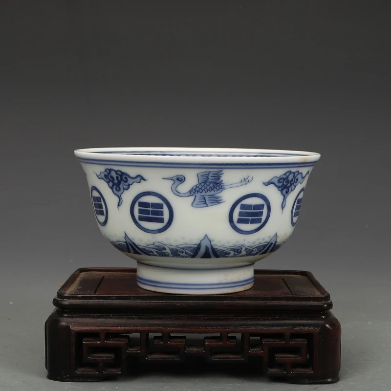 Antique Kangxi Blue and White Jingdezhen  Crane Bowl Porcelain Factory Ethnic Bowl