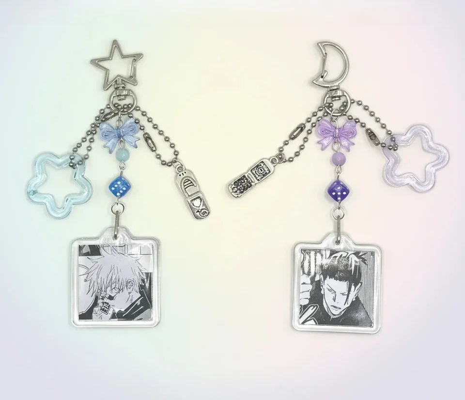 Anime Manga Acryl-Schlüsselanhänger, Blau & Lila Perlen-Taschenanhänger, Kawaii Handy- & Würfel-Accessoires Gojo&Geto