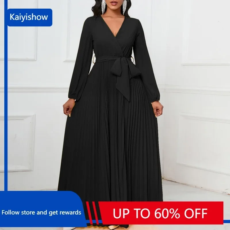 

African Club Party Maxi Dresses for Women Deep V Neck High Waist Long Pleat Dress Elegant Lady Daily Evening Wedding Guest Prom