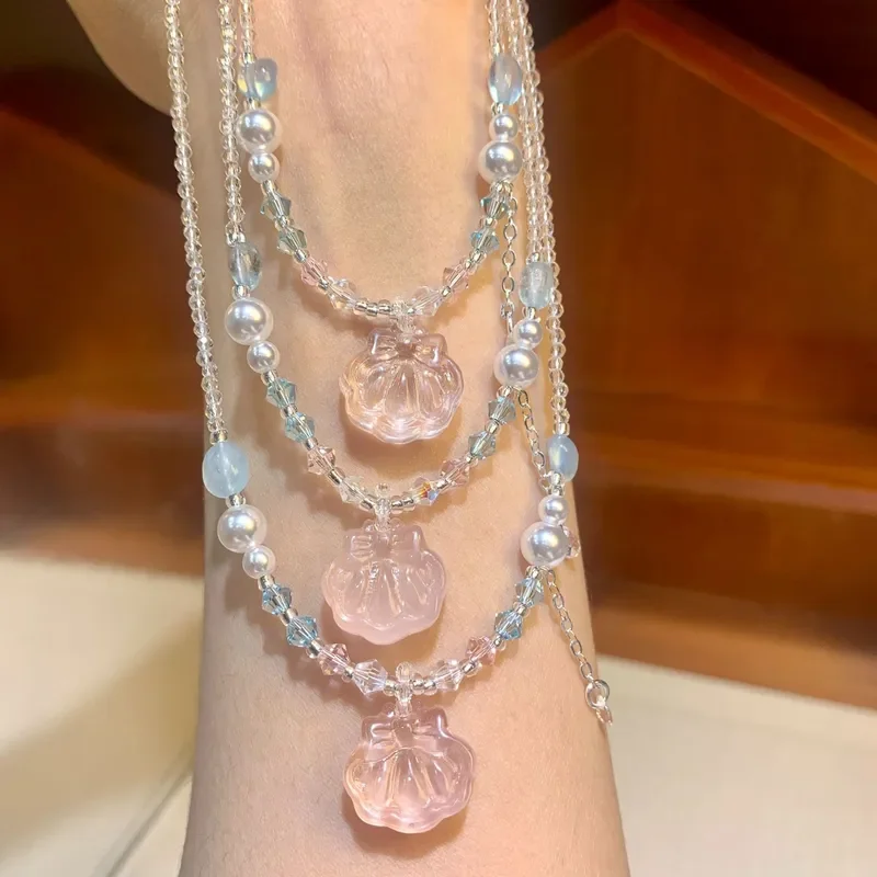 Crystal necklace new sweet and cute collarbone chain pendant adjustable exquisite powder crystal bow shell pendant