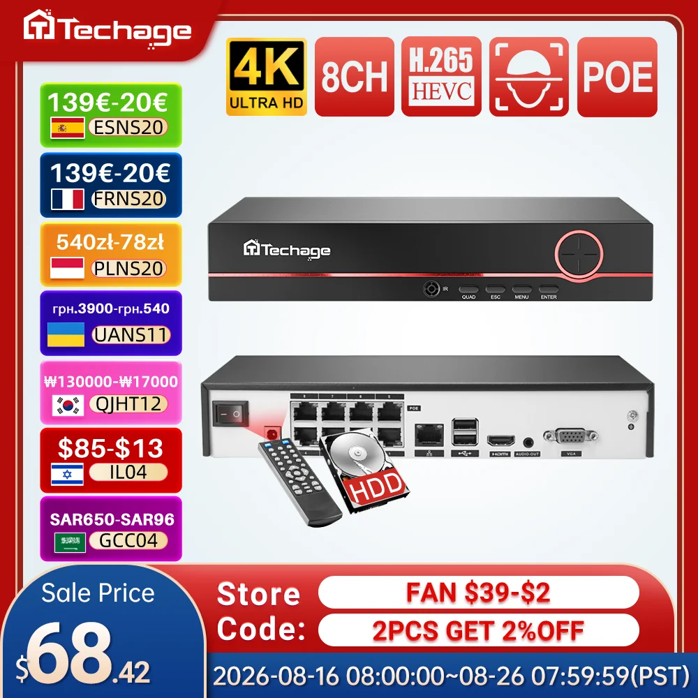 Home Security With Camera - Techage H.265 8CH PoE Gravador de