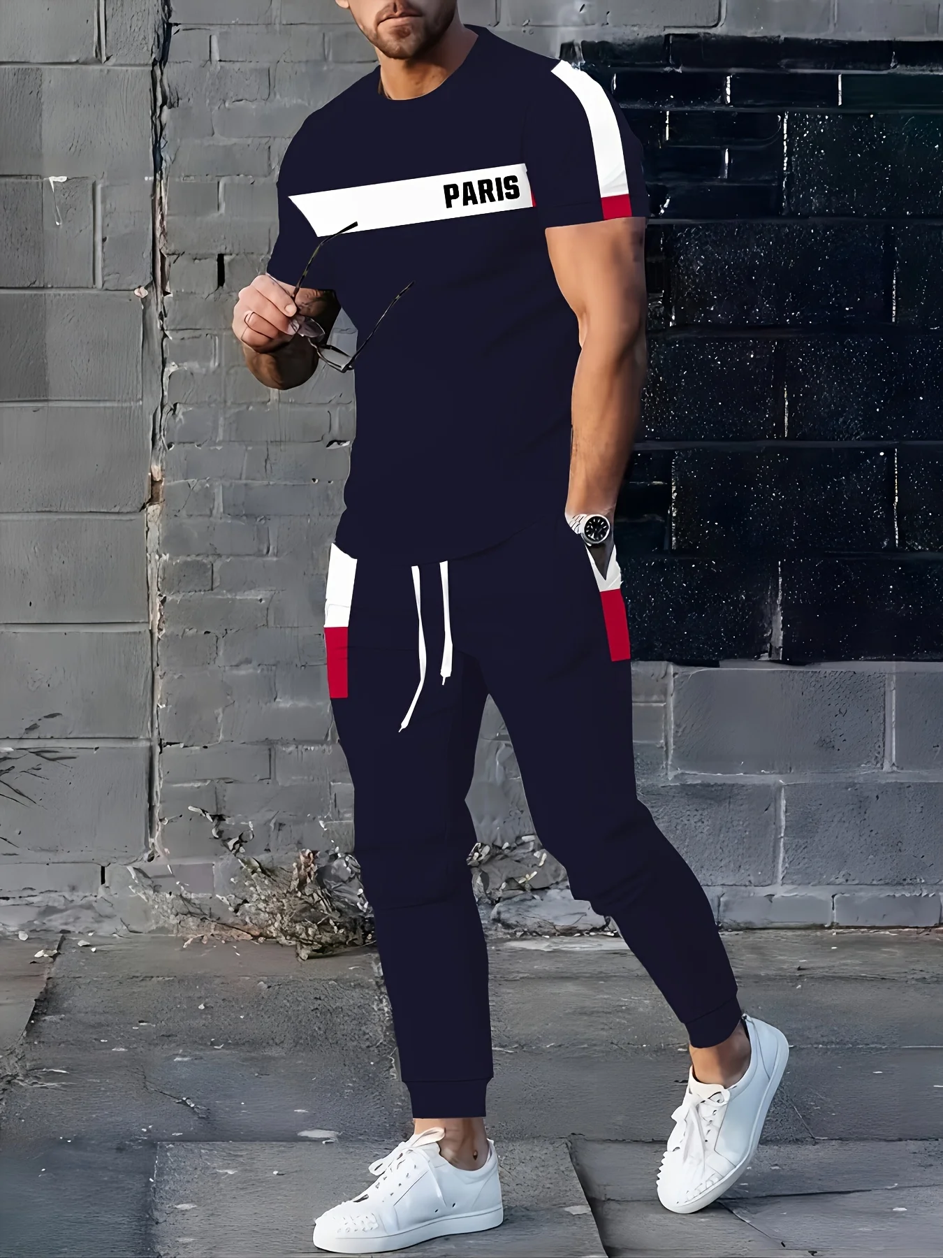 Summer New Men's Stripe Printed Soft, Comfortable, Breathable Round Neck T-shirt Pants Set Outdoor High Street Two Piece Set