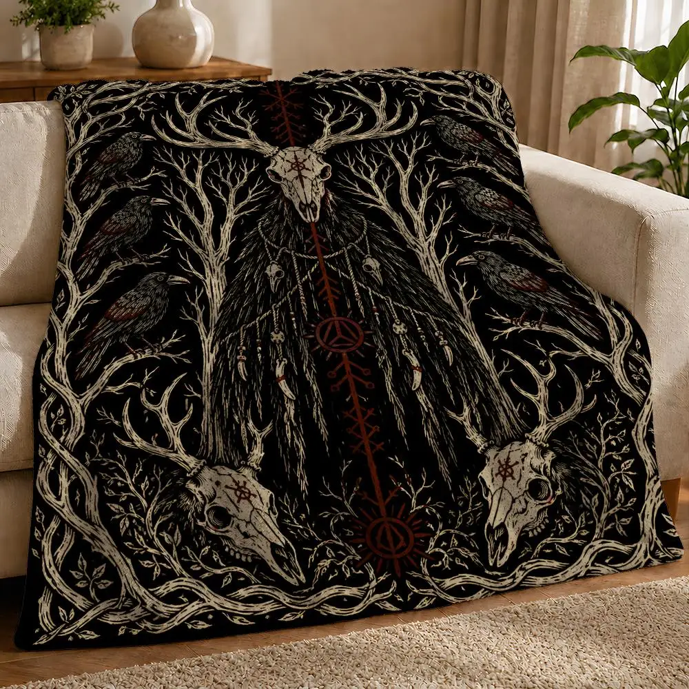 Gothic Raven & Stag Skull Throw 1pc Flannel Blanket Soft Lightweight Warm Cozy For Bedroom Sofa Bed