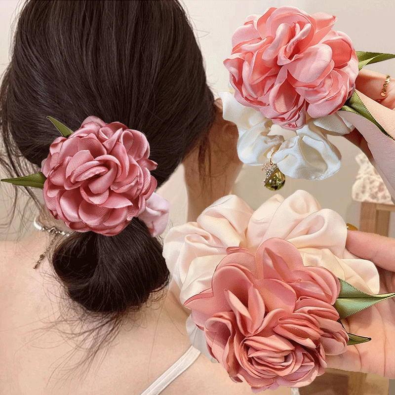 Vintage Big Flower Hair Ring Headband Girls Korea Elastic Rubber Band Hair Rope for Women Ponytail Tie Hair Accessories