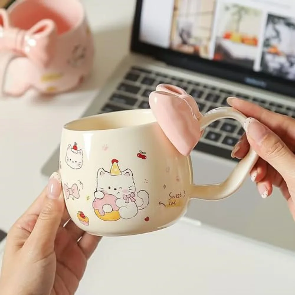 Ceramic Coffee Mug Pink Cute Girly Mug with Handle Breakfast Milk Oatmeal Cup Girl Gift