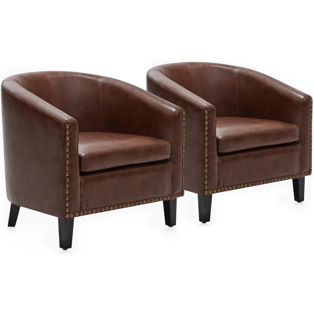 BELLEZE Accent Barrel Chairs Set of 2, Modern Tub Club Chairs Upholstered Armchairs for Living Room, Faux Leather Chairs with Go